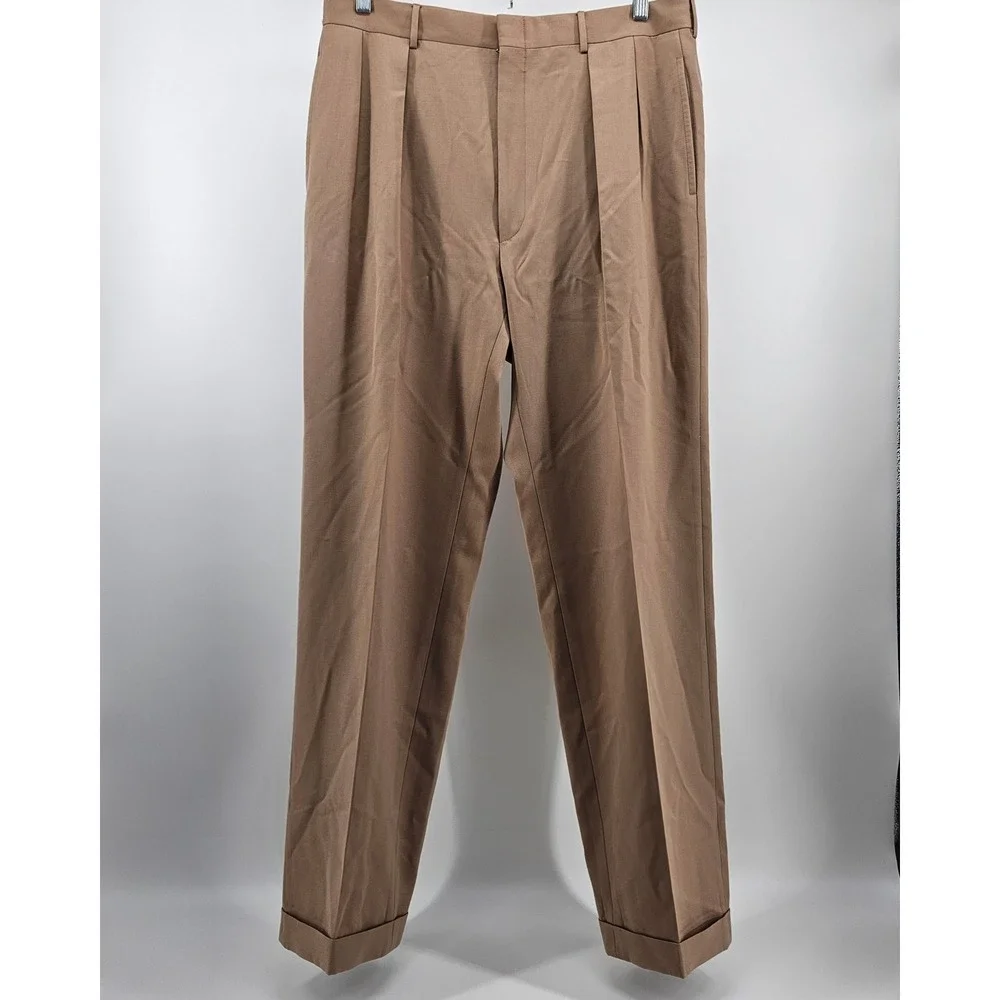 VTG Polo Ralph Lauren Dress Pants Mens 36 Tan Wool Double Pleated Italy Cuffed